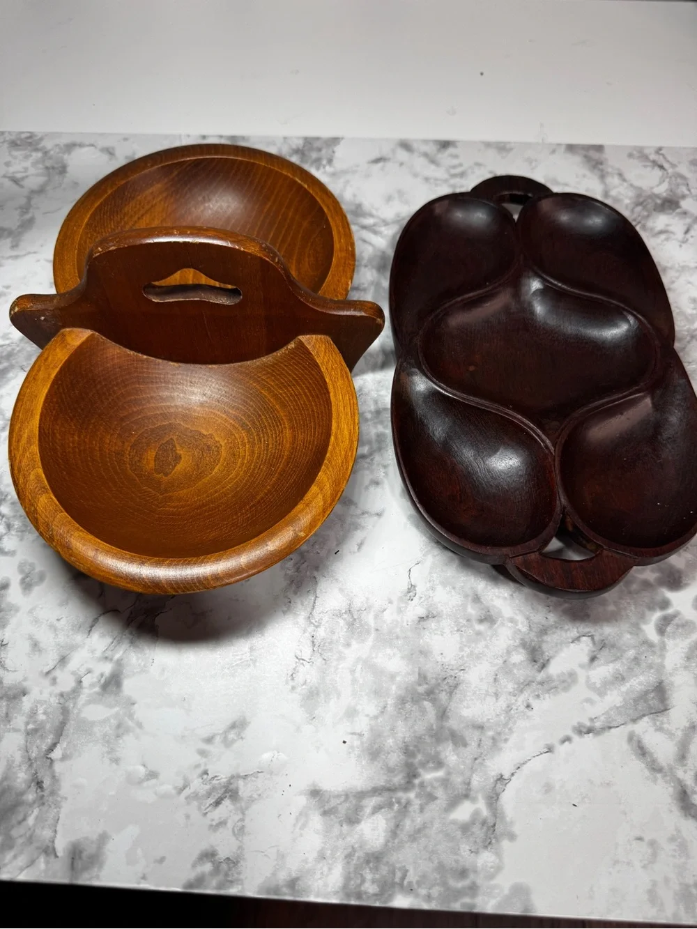 Lot of 2 Monkey Pod Light/Dark Wood Serving Bowls Tray